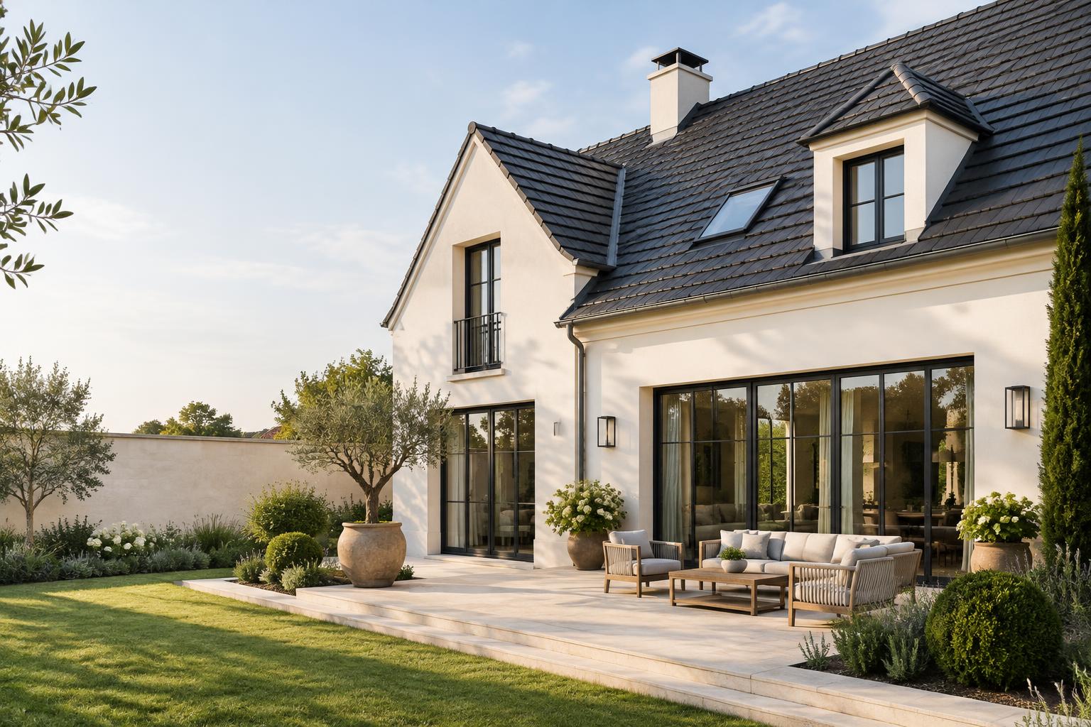 Illustration d’une maison rénovée, façade claire et toiture en tuiles